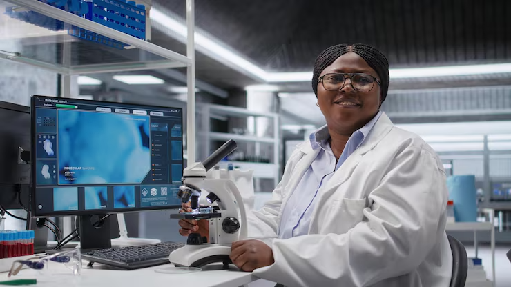 black female expert analyzing samples chemistry lab with microscope observation tools 482257 132810